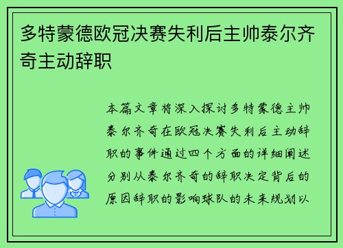 多特蒙德欧冠决赛失利后主帅泰尔齐奇主动辞职 多特蒙德欧冠决赛失利后主帅泰尔齐奇主动辞职