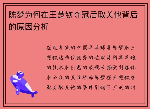 陈梦为何在王楚钦夺冠后取关他背后的原因分析 陈梦为何在王楚钦夺冠后取关他背后的原因分析